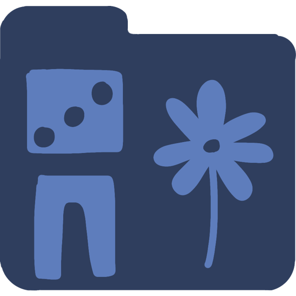 a dark blue folder with a tab on the left, in the folder is light blue drawings, one of a dice with 3 dots, what appears to be a building block, and a flower.